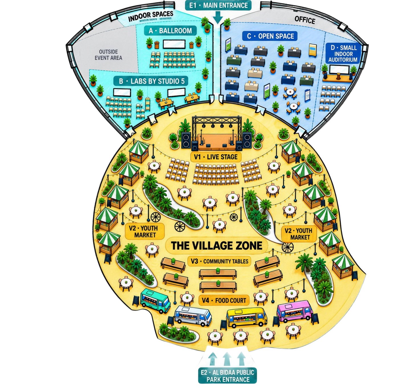 Youth Fest 2026 floor plan: E1 Main Entrance and the indoor sections A to D at the top, the Village V1 to V4 below, E2 Al Bidaa Public Park Entrance at the bottom.